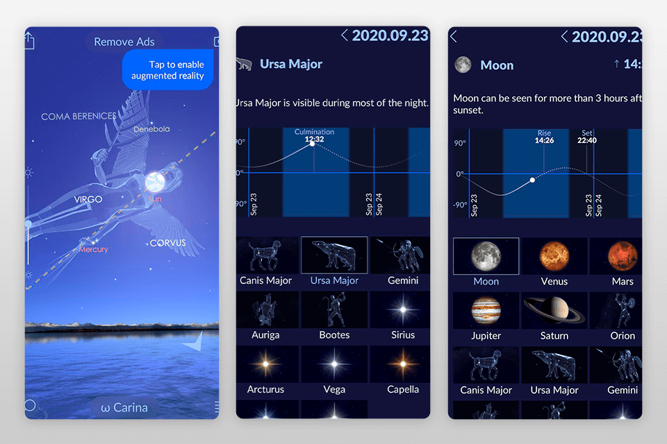 star walk 2 ads+ stargazing app interface