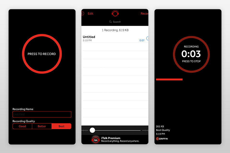 italk recording app for iphone interface