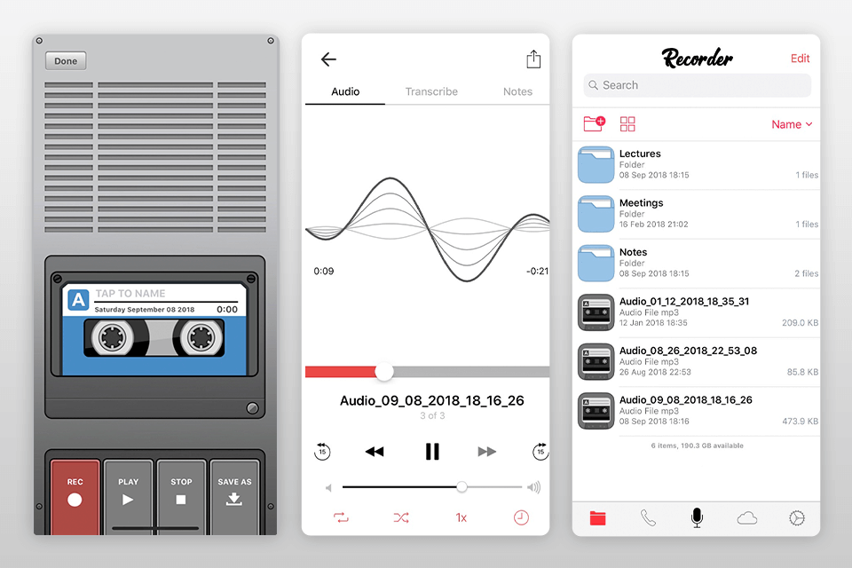 voice recorder and audio editor app for iphone interface