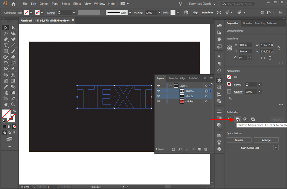 how to cut out text from an image in illustrator click to minus front