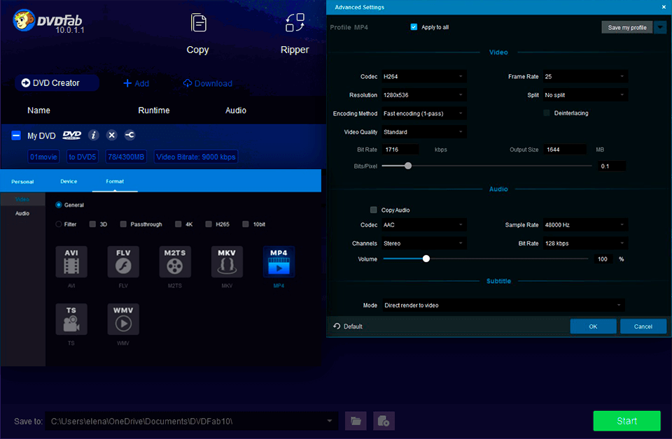 dvdfab video converter avi to mp4 interface