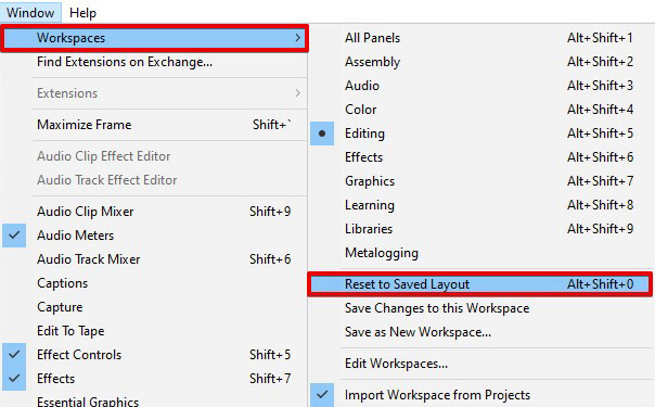 premiere pro reset to saved layout