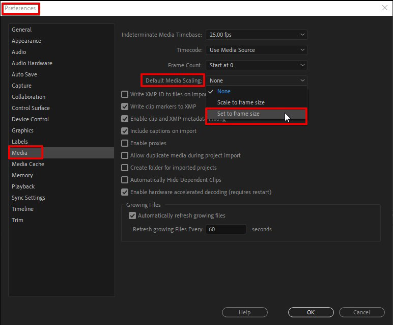 premiere pro set to frame size