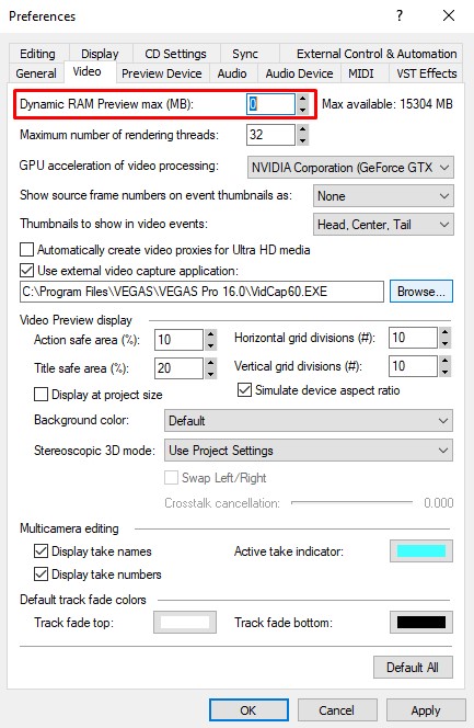vegas pro settings dynamic ram