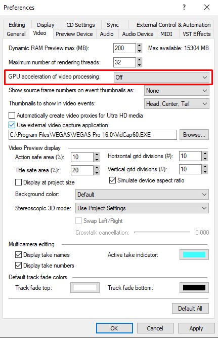 vegas pro settings gpu acceleration