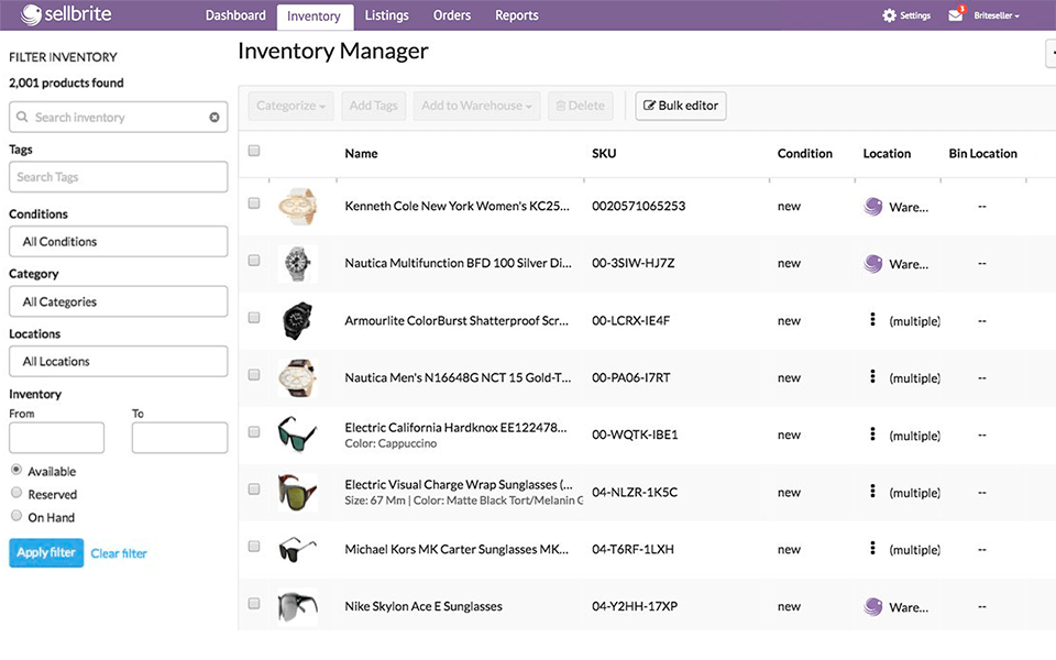 sellbrite inventory management software interface