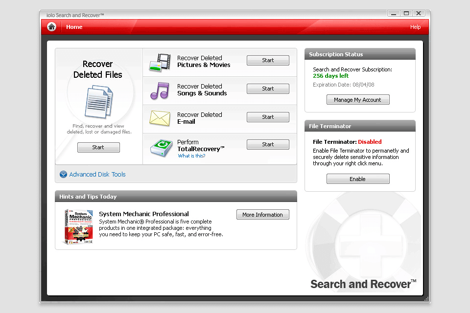 iolo antivirus search and recover software interface