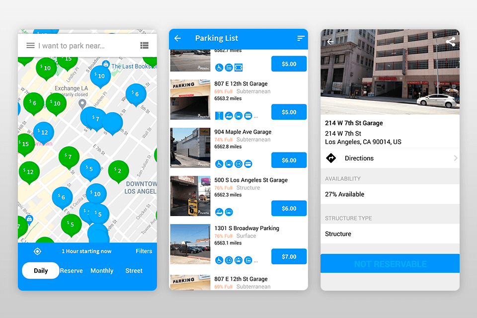 parkme parking road trip planner app interface