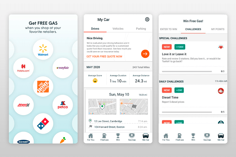 gasbuddy road trip planner app interface