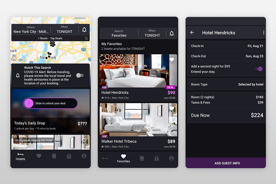 hotel tonight road trip planner app interface