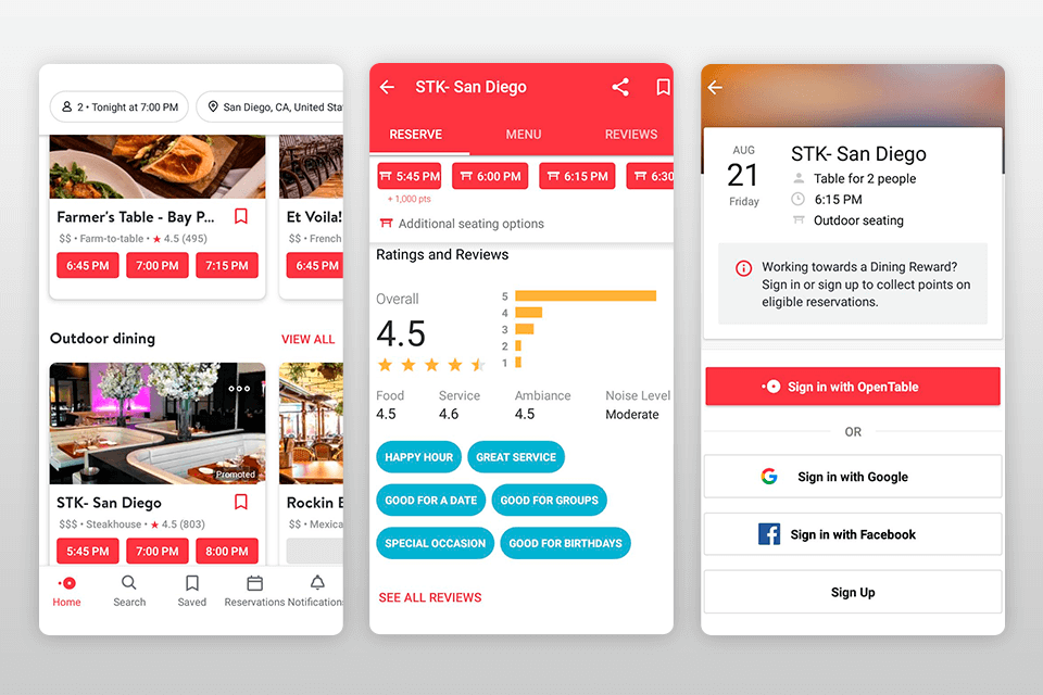 opentable road trip planner app interface