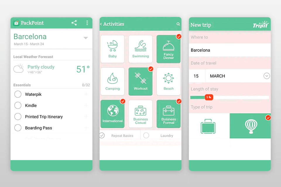 packpoint premium packing list road trip planner app interface