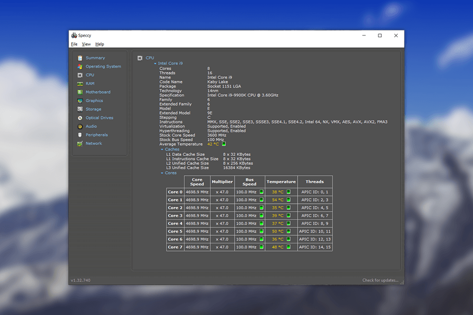 speccy cpu monitoring software interface