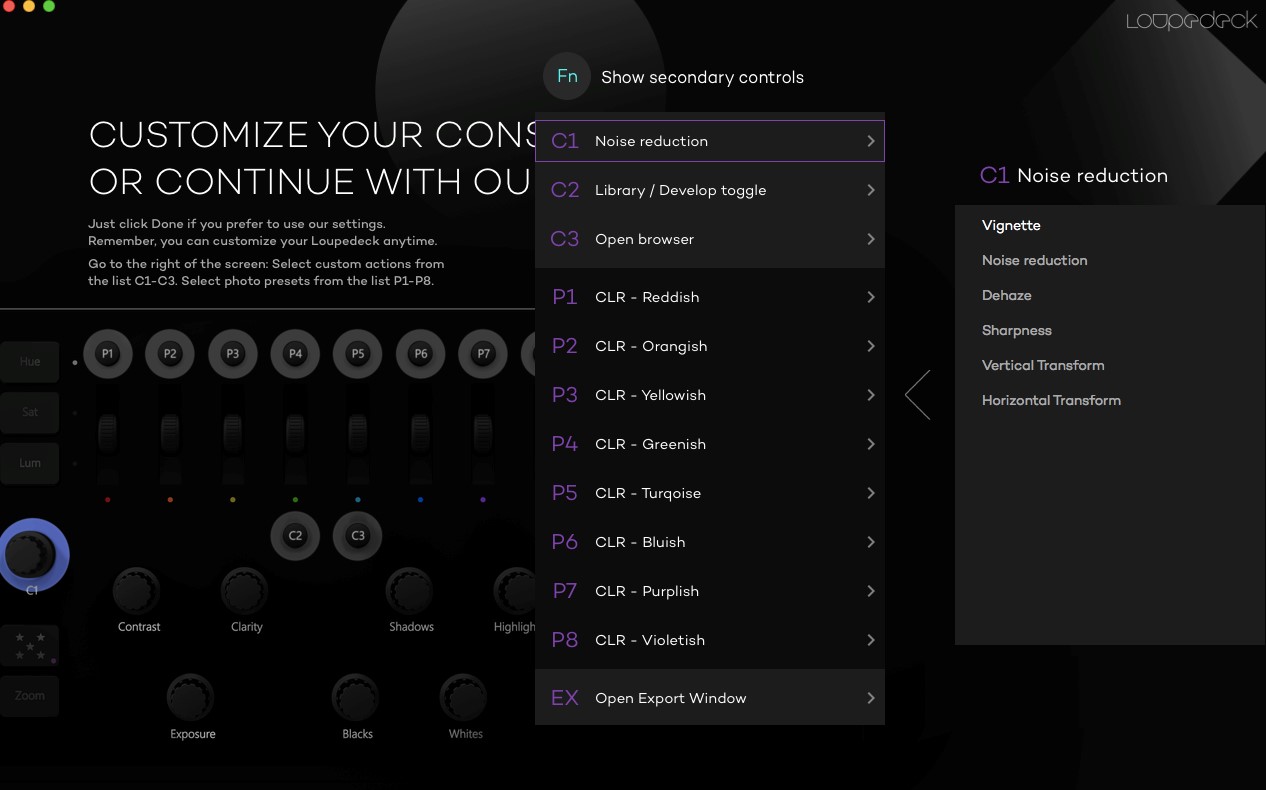c1 settings loupedeck photo editing console