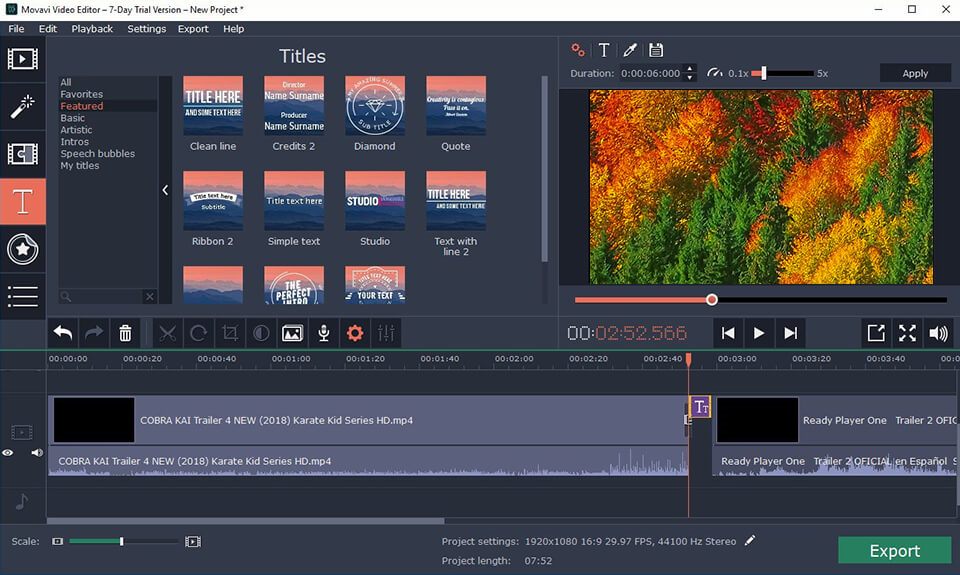 interface do editor de vídeos movavi