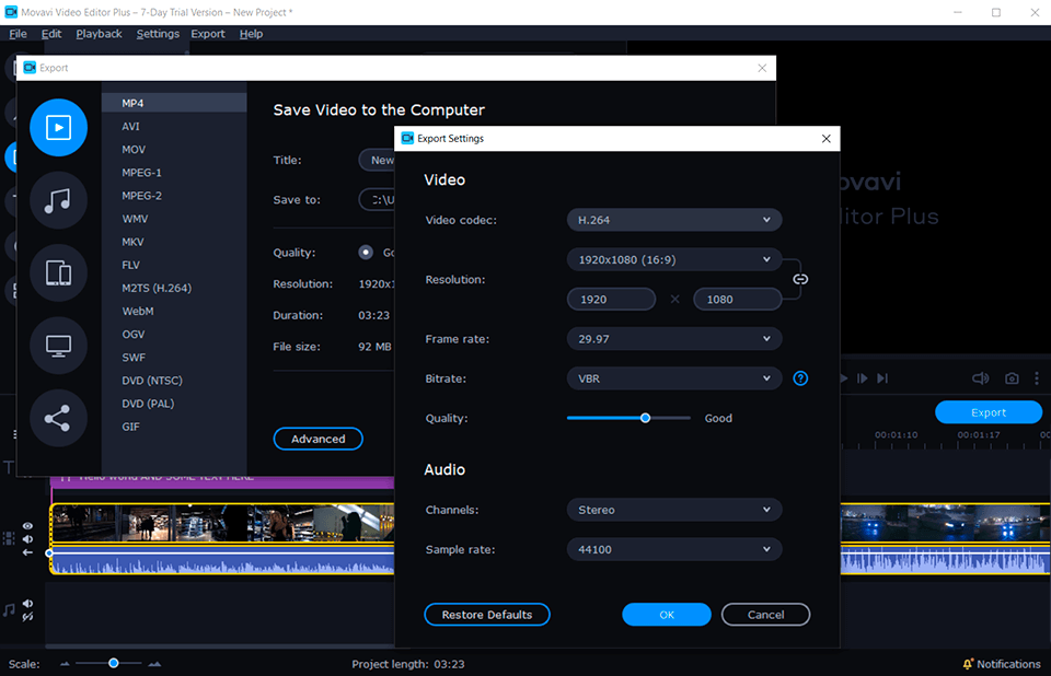 movavi video editor plus advanced export