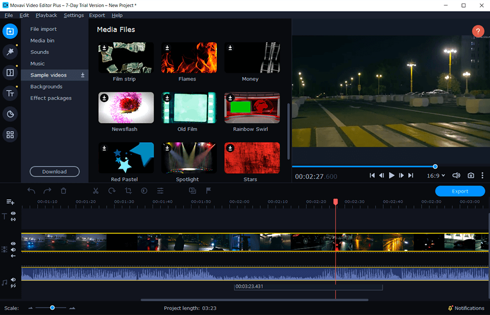 movavi video editor plus extensive media library