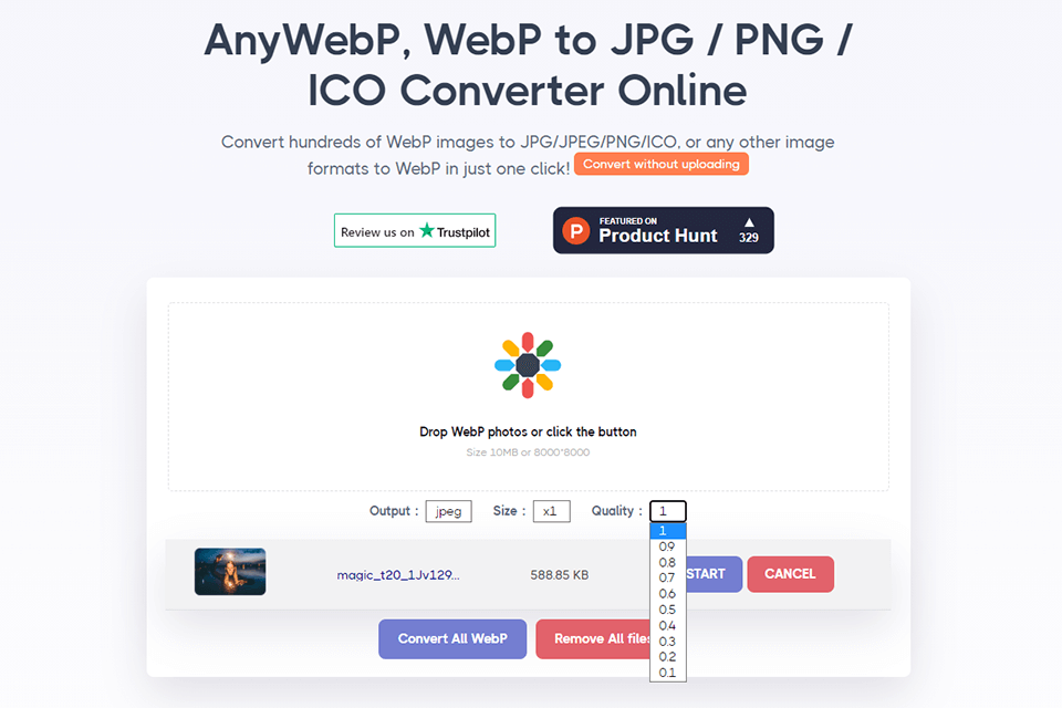 anywebp image optimizer interface