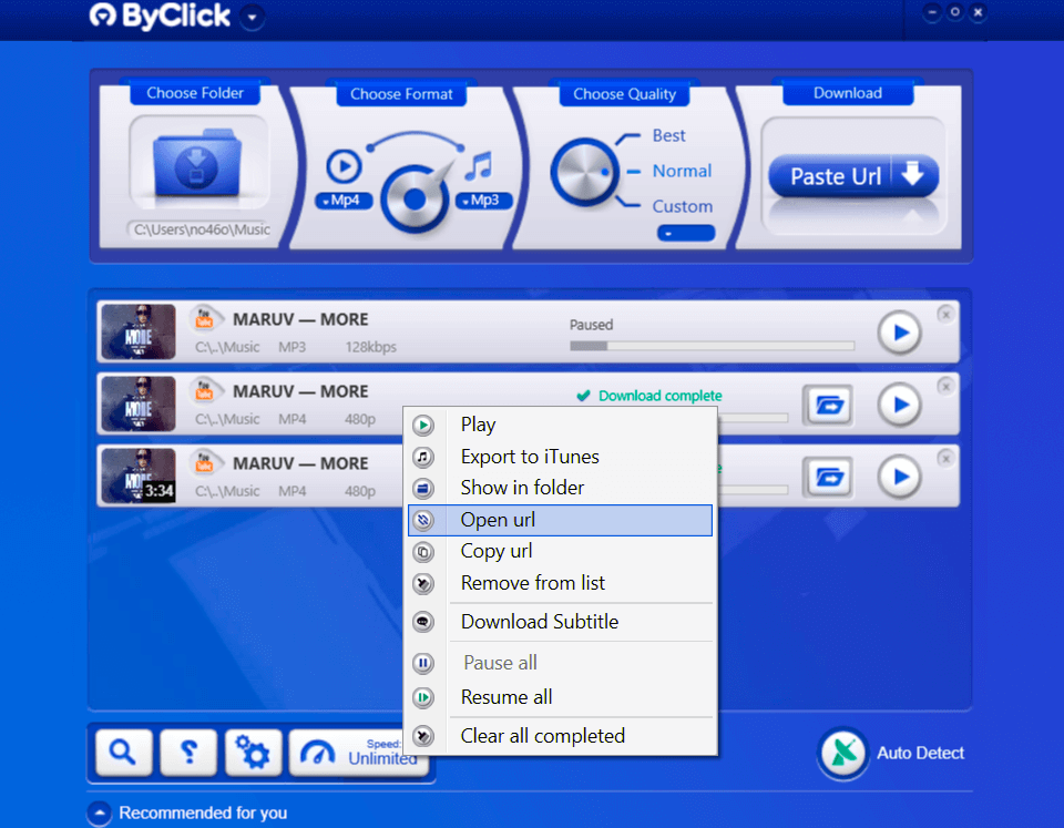 interfaccia del convertitore youtube byclick downloader