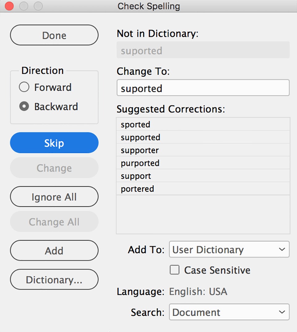 adobe incopy reverse spell check