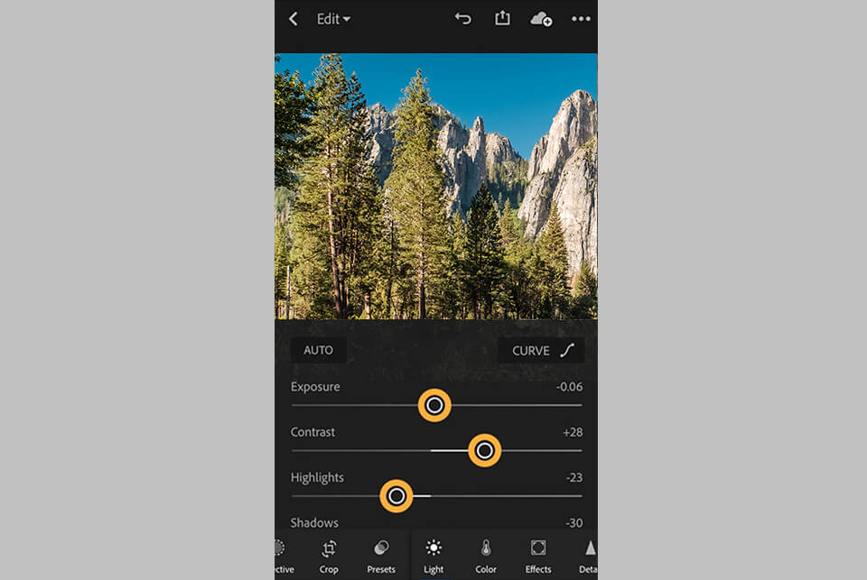 интерфейс mobile lightroom cc