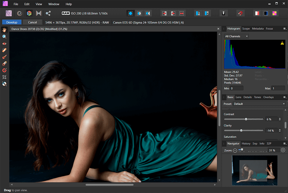 affinity photo canon raw editor interface