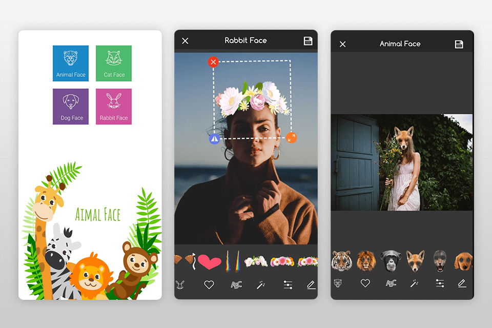 animal face funny photo app interface
