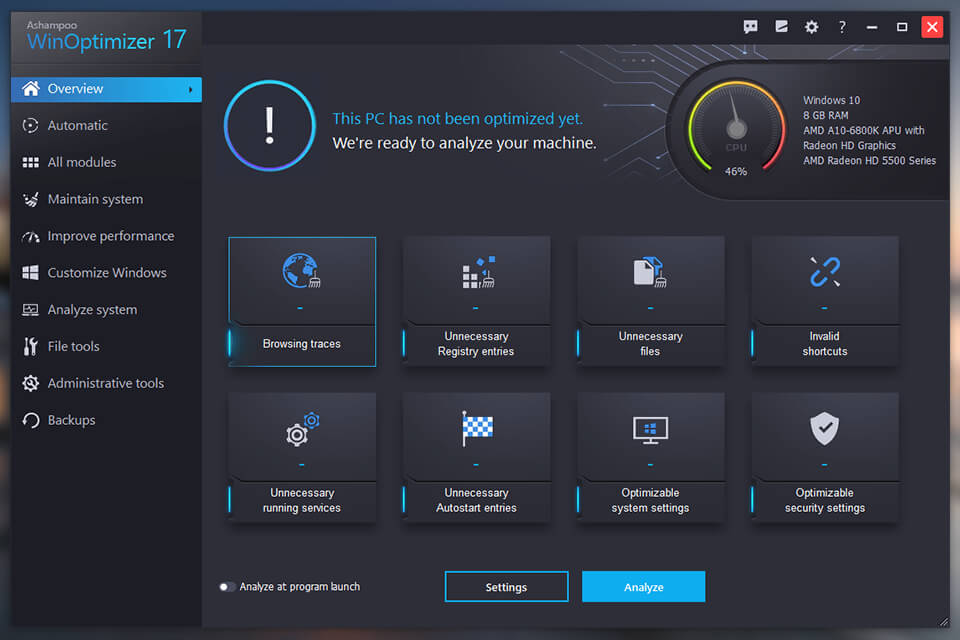 ashampoo winoptimizer pc optimizer interface