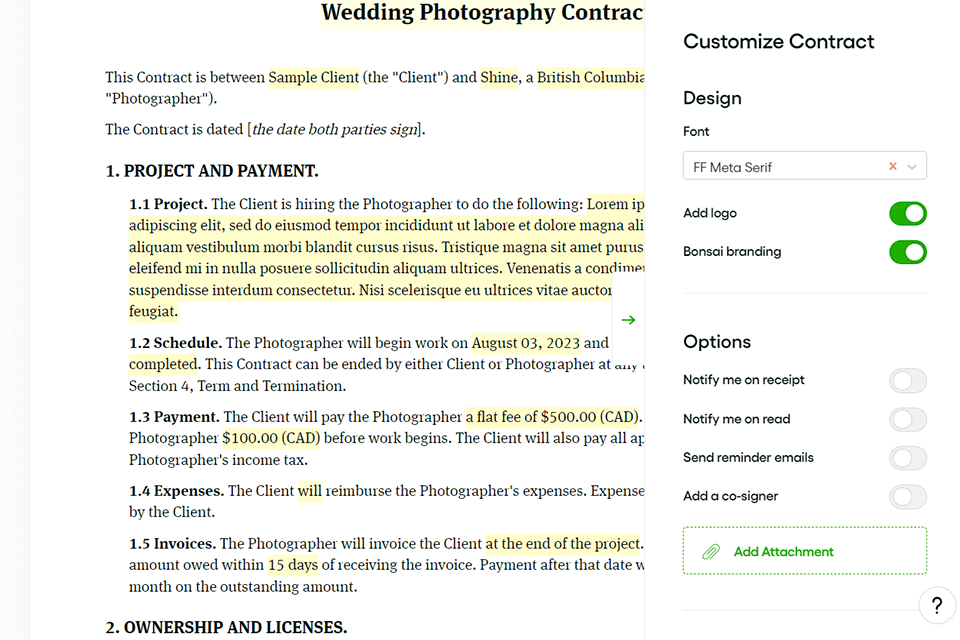 bonsai wedding photography contract example