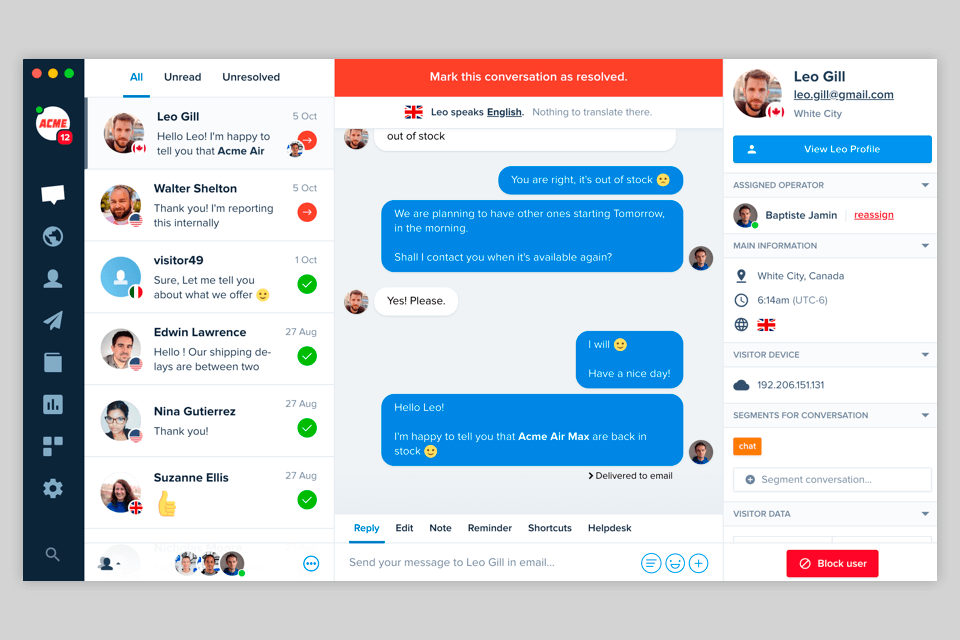 crisp live chat software interface