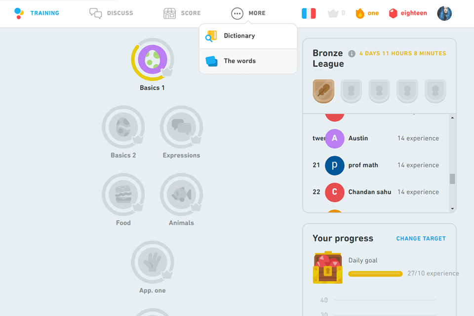 duolingo software to learn french interface