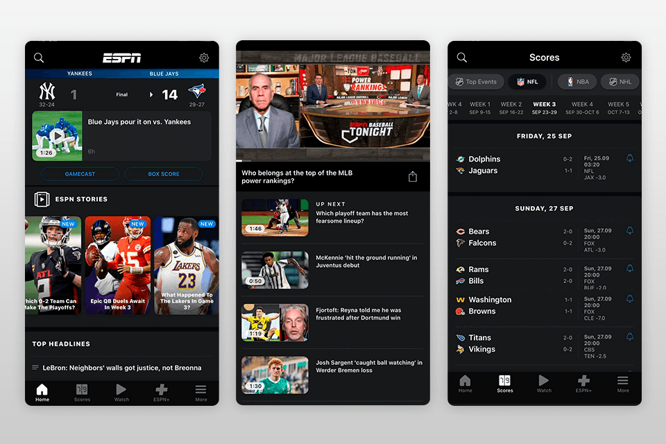 espn: live sports & scores app to watch live sports interface