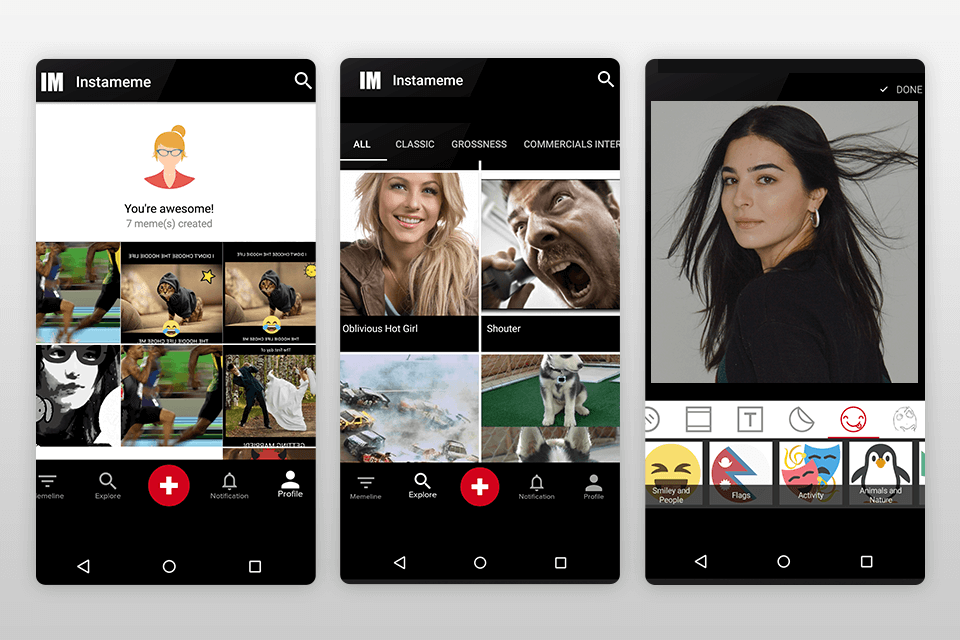 instameme funny photo app interface