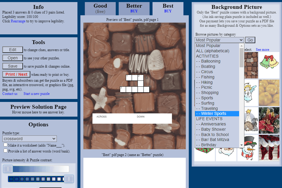 instant crossword puzzle maker interface