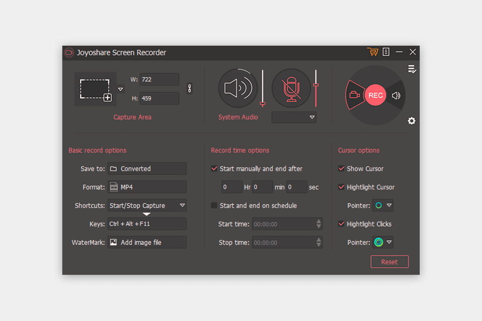 joyoshare screen recorder settings