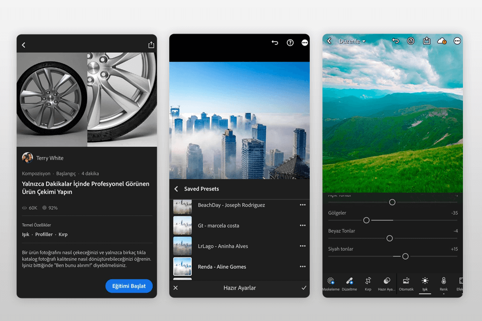 mobil lightroom cc arayüzü