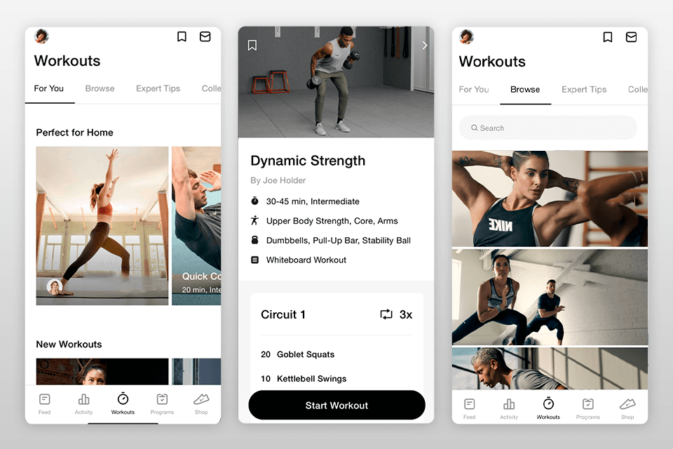 nike training club fitness app interface