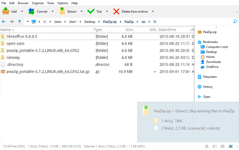 peazip interface free winzip alternative