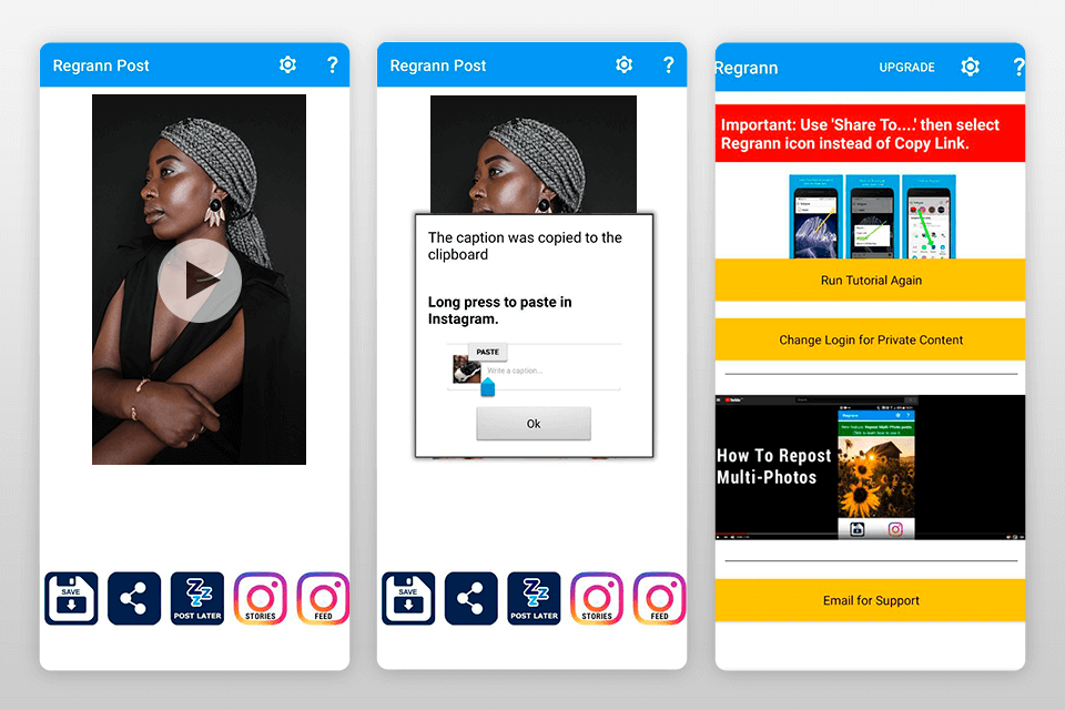 regrann apps to save video from instagram