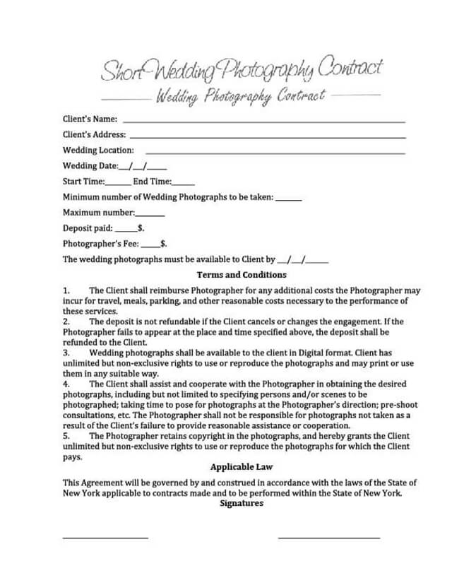 short wedding photography contract 