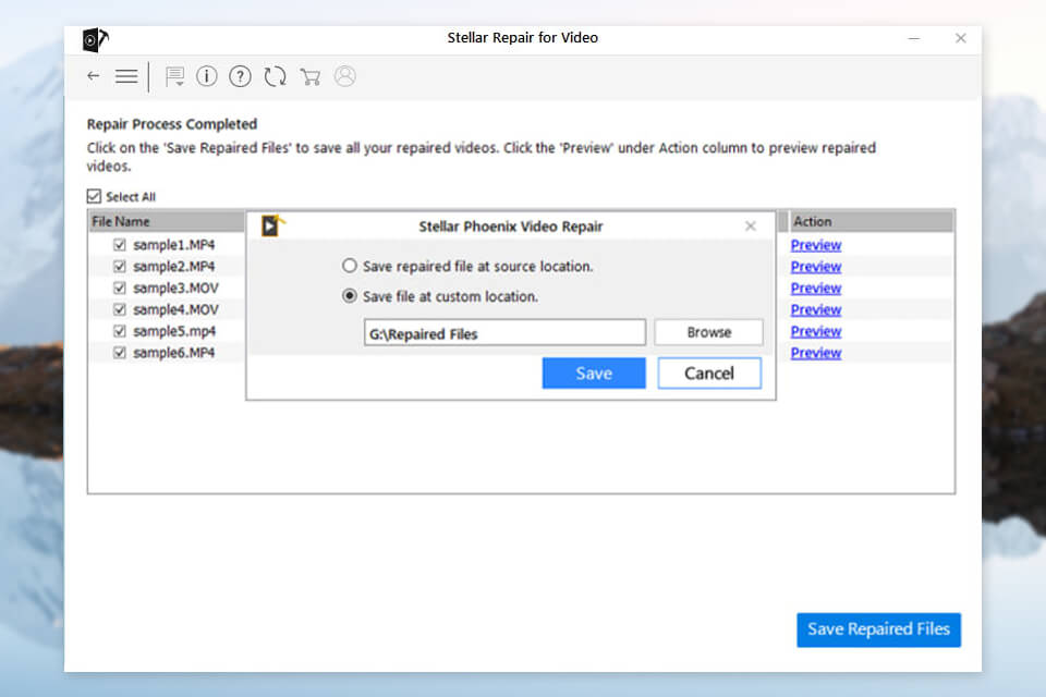 stellar video repair saving option