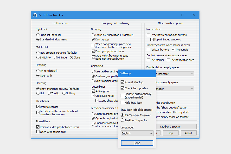 taskbar tweaker interface windows 10 tools