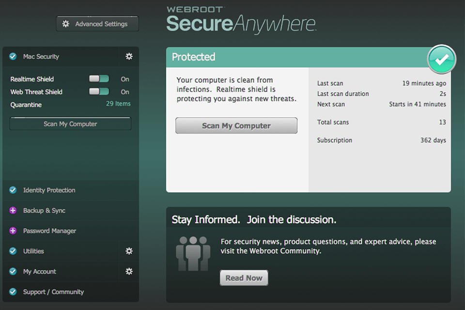 webroot interface internet security suites