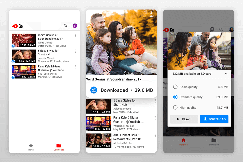 youtube go downloader for android interface
