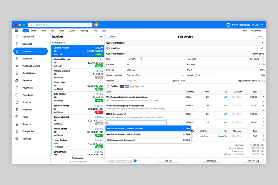 moon invoice invoice software for mac interface
