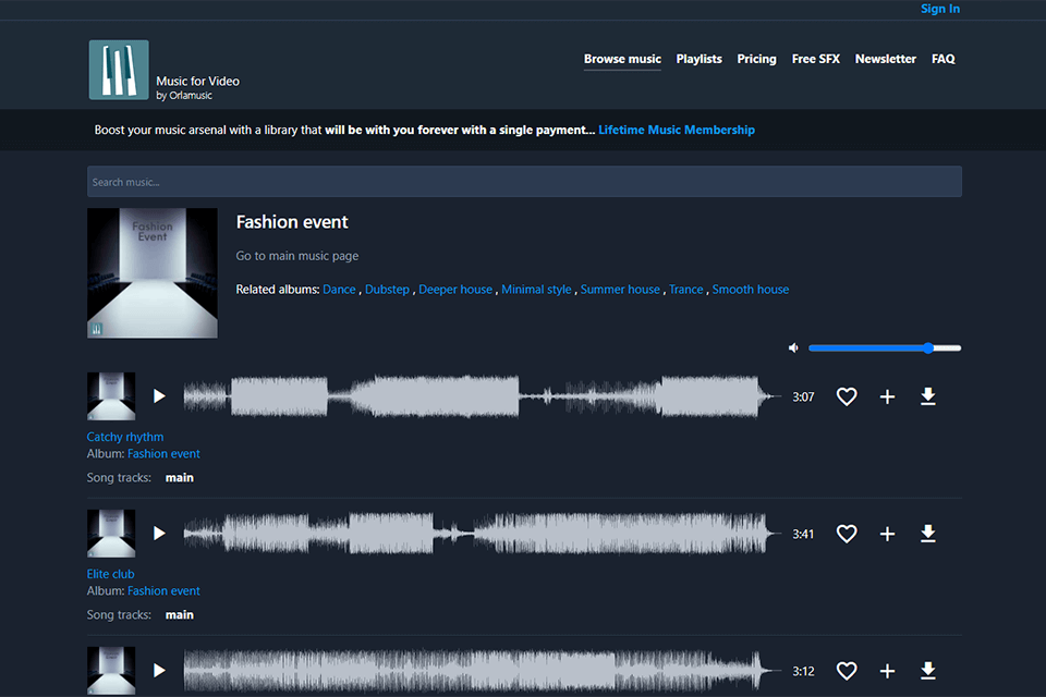 music for video royalty free music site interface