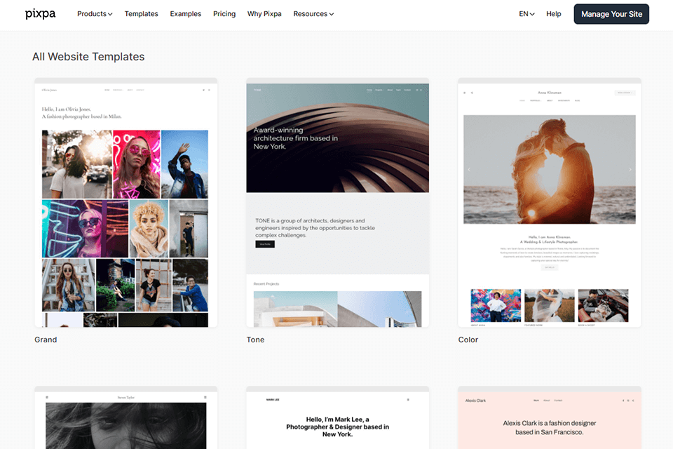 website builder for photographers pixpa interface