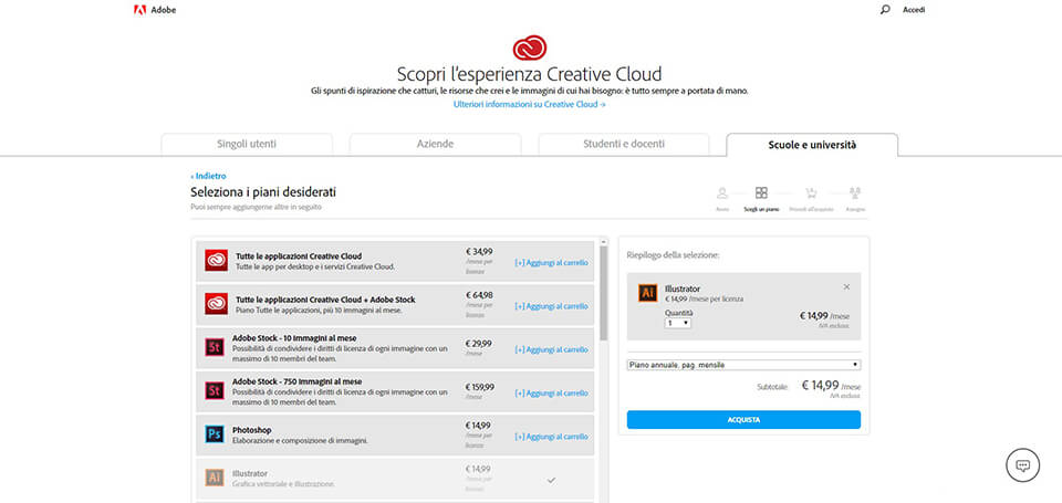 creative cloud piani scuola e università
