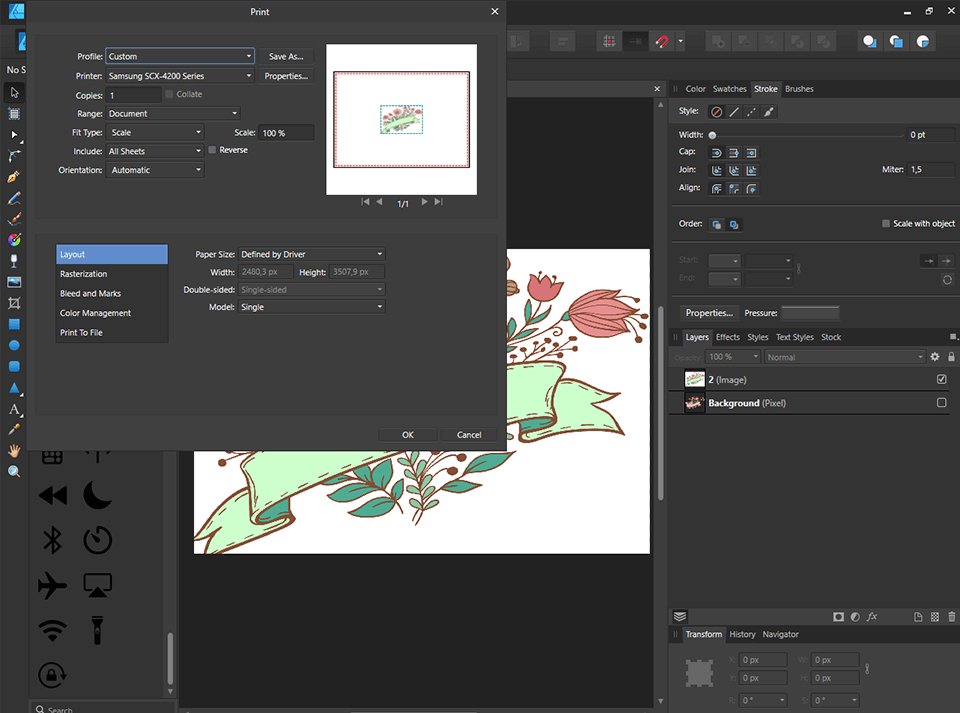 affinity designer printing screen