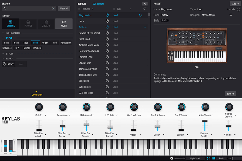 arturia v collection synthesizer software interface